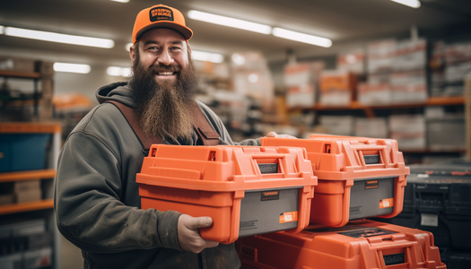bearded man carrying tool boxes