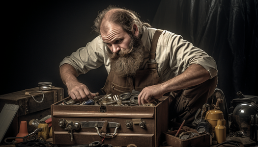 bearded man examining his tool box