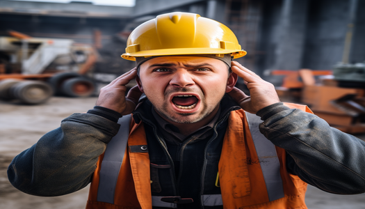 construction worker covering ears reacting to loud noise