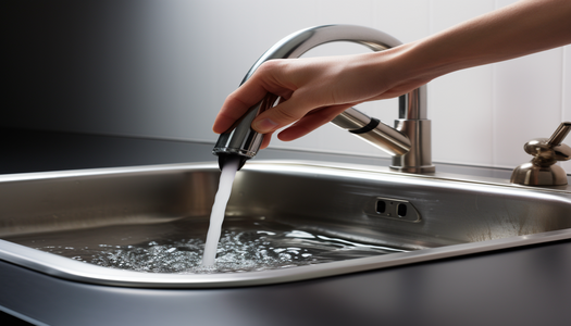 hand woman touching kitchen sink w water