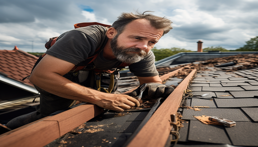 homeowner man doing roof repairs