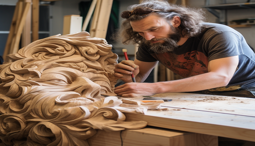 man doing wood carving of head in workshop