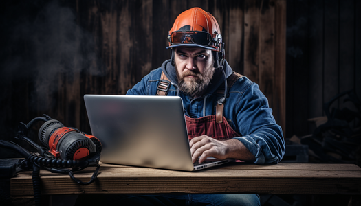 man sitting at laptop around tools