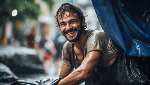 man smiling under a tarp in the rain