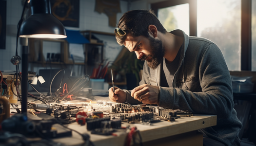 man soldering at garage table