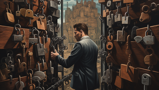 man surrounded by locks on walls