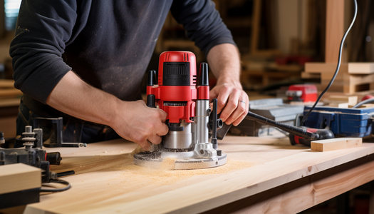 man using a plunge router at table