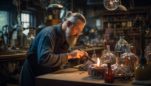 man working with tools in his glass blowing workshop