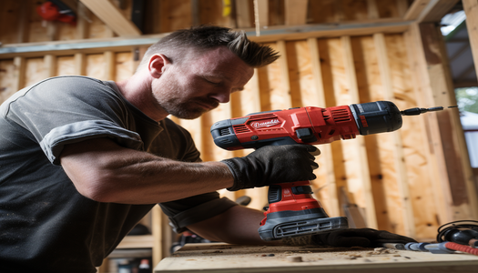man with a power drill in a wooden shed