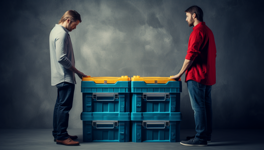 two men standing over tool boxes