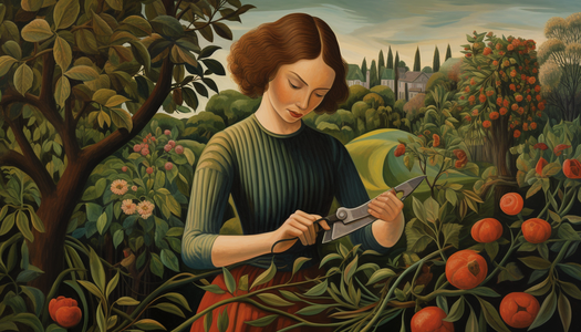 woman using shears in her garden painting