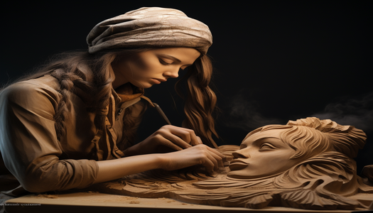 woman wood carving with a tool